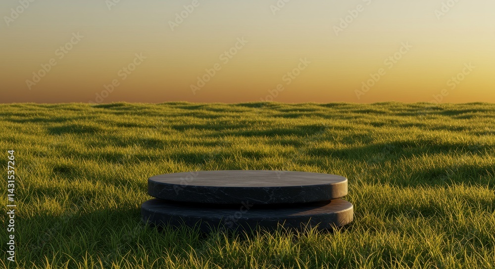 Poster serene sunset platform - a tranquil scene of a two-tiered stone platform resting on a grassy field a