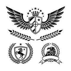 Laurel wreath, shield, wing, ribbon, and banners vector set. Laurel wreaths, shields, wings, ribbons illustration for awards, heraldry, logos, badges, and branding designs .