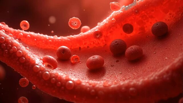 A macro photograph of a cluster of red blood cells moving 