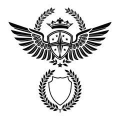 Obraz premium Laurel wreath, shield, wing, ribbon, and banners vector set. Laurel wreaths, shields, wings, ribbons illustration for awards, heraldry, logos, badges, and branding designs .