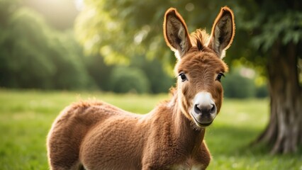 Cute Baby Donkey Standing Outdoors in Sunny Green Field