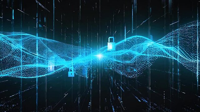 abstract cyber-space scene, holographic 3D nano grid folding in zero gravity, node encrypted code streams, glowing telemetry weaving nodes, deep defocus, neon teal electric purple, parallax