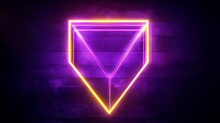 Glowing abstract neon geometric shapes on dark wooden background