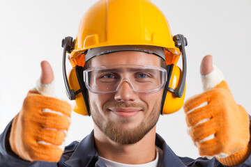 Confident male construction worker in safety gear showing thumbs up with cheerful smile