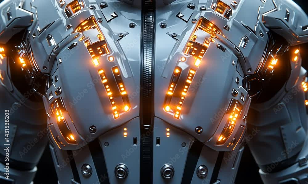 Aufkleber futuristic robotic suit with glowing elements, showcasing advanced technology in a sci-fi setting