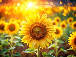 Fototapeta premium Bokeh Sunflowers: Vibrant Yellow Field with Soft Focus Background