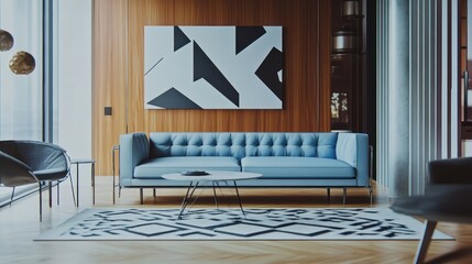 Modern living room, blue sofa, city view