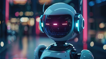 Fototapeta premium Mechanical auto robot supporting or servicing human customer and employee for business management. Futuristic artificial intelligence technology cyborg assistance in future industry concept. AIG53.