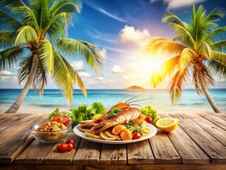 Obraz premium Delicious Seafood Lunch by the Ocean: Double Exposure Stock Photo