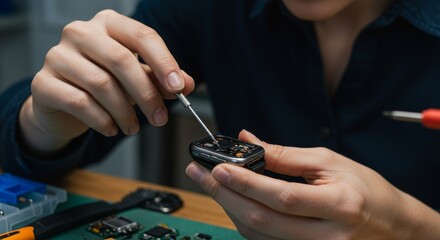 Smartwatch Repair Technician at Work - Close-up of a person meticulously repairing a smartwatch with precision tools. Focus on detail and craftsmanship