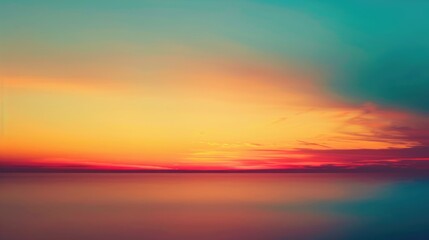 Obraz premium Vibrant sunset sky over calm ocean water. Abstract gradient landscape of blue, red , yellow and purple sky scape in sunset. Sunset scene with peaceful and tranquil atmosphere. Seascape. AIG51.