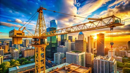 Naklejka premium Candid Cityscape: High-Rise Construction Crane Skyline View