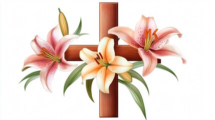 Naklejka premium Cross with Lilies on White Background - Religious Symbolism for Spiritual Designs
