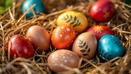 Fototapeta premium Colorful decorated Easter eggs arranged on straw during a spring afternoon in a garden setting
