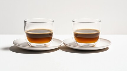 two coffee drinks on plates, studio lighting generative ai