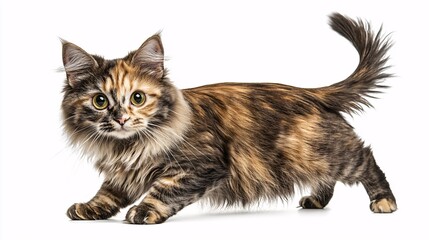 Obraz premium mixed breed cat in playful crouch position, detailed fluffy coat with various color patches, pure white background, dynamic composition long-haired cat mixed breed fluffy fur detailed illustration 