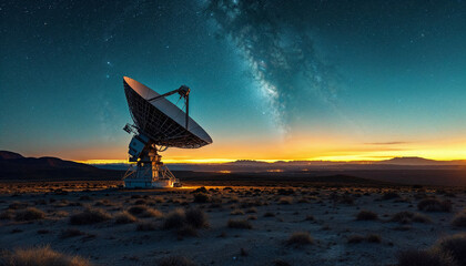 Stunning view of a satellite dish under a starry sky at dawn in a remote desert location