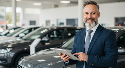 Successful Car Salesman Using Tablet - A confident, mature car salesman smiles while using a tablet, showcasing success and technology in the automotive industry. He represents trust, expertise