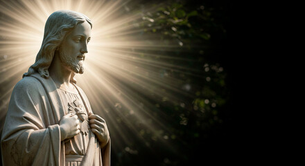 Obraz premium Sculpture of a religious figure bathed in light against a dark forest backdrop, creating a serene and spiritual ambiance.
