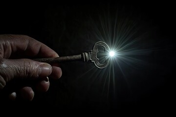Fototapeta premium Hand holding an old, rusty key with a bright light shining from it