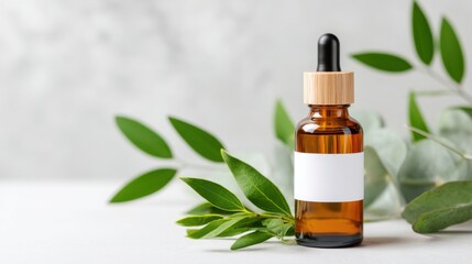 A stylish amber glass bottle with a dropper sits on a light surface, surrounded by fresh green leaves, suggesting a focus on natural wellness or essential oils.