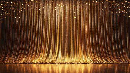 Luxurious gold stage curtain with sparkling lights, perfect for award ceremony or celebratory event background.