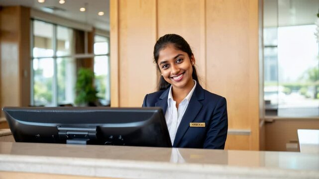 Friendly female receptionist smiling behind hotel front desk, welcoming and serving customers.
