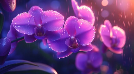Purple orchids in a gentle rain shower