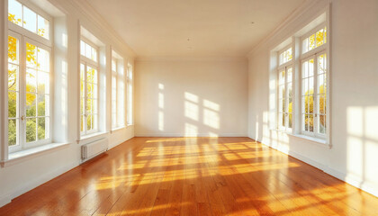 Fototapeta premium Bright and airy empty room with large windows and warm wooden floor during late afternoon light
