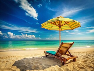 Fototapeta premium Deserted Beach Paradise: Sun Lounger & Umbrella Under Azure Sky