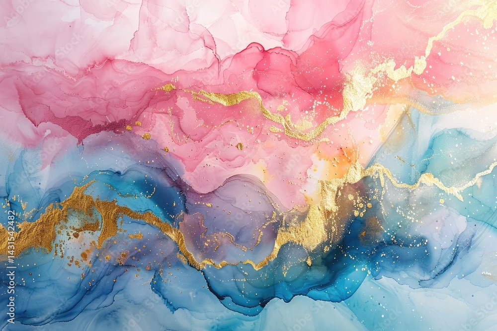 Aufkleber the close up abstract picture of the blue and pink colour mixing each other with gold color inside m
