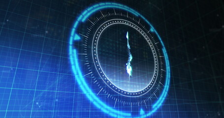 Image of processing circle with rotating ethereum sign over blue and black digital space