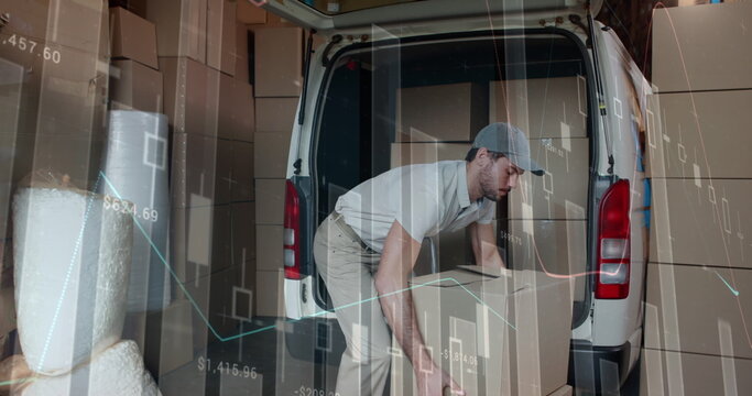 Image of financial data over caucasian male courier loading packages into car - Powered by Adobe