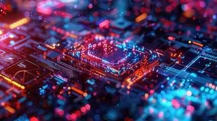 Abstract picture with digital style scenery, high tech building scatter around glow fantasy neon light. Cyberspace scene with technology design construction and electric particle flow around. AIG53.