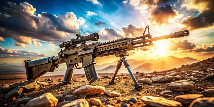 Desert Warfare:  M249 Light Machine Gun in Arid Landscape