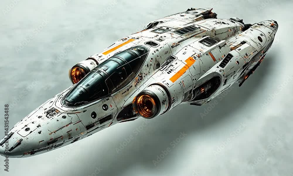 Poster futuristic spaceship soaring through a cloudy atmosphere, showcasing advanced technology and design