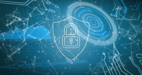 Image of connections, data and digital shield with padlock on blue background