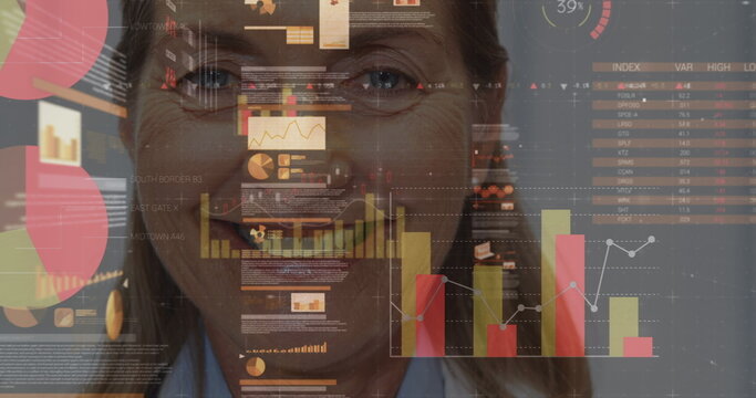 Image of financial data over midsection of senior caucasian female doctor