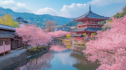 Fototapeta premium Serene Spring in Japan: Cherry Blossoms Frame Pagoda and Lake