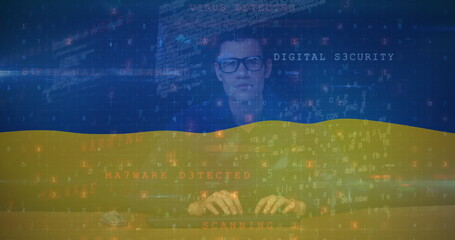 Image of caucasian male hacker and data processing over flag of ukraine