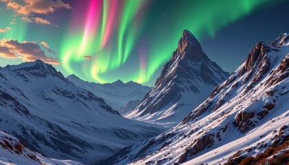A surreal mountain range where peaks twist and spiral into the sky, covered in sparkling crystals and vibrant auroras.