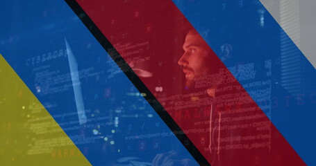 Image of caucasian male hacker over flag of russia and ukraine