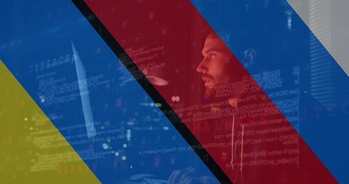 Image of caucasian male hacker over flag of russia and ukraine - Powered by Adobe