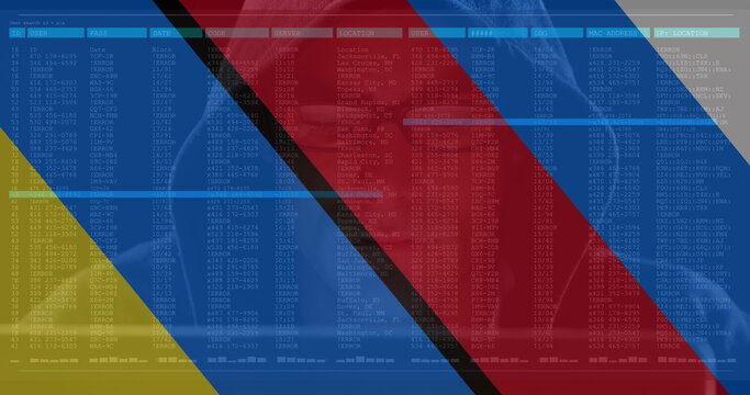 Image of caucasian male hacker over flag of russia and ukraine - Powered by Adobe