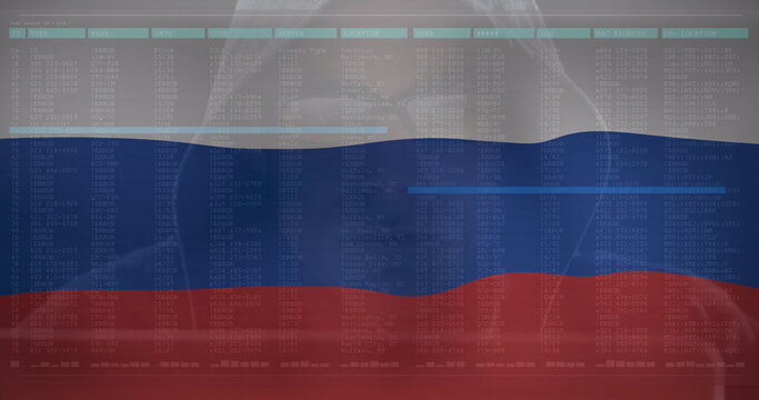 Image caucasian male hacker and data processing over flag of russia