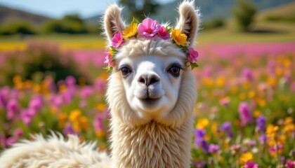 A round, fluffy llama with a flower crown, happily posing in a vibrant, sunlit field.