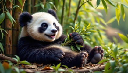 A cuddly panda lounging in a bamboo grove, blissfully munching on leaves with a content smile.