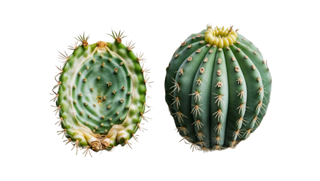 Two exotic cactus plants isolated on black background botanical still life