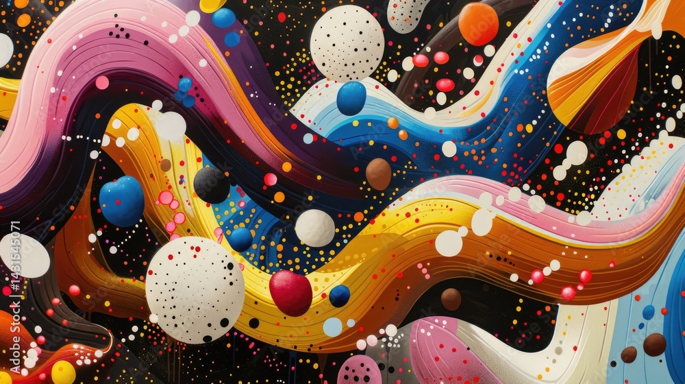 Poster Colorful abstract shapes with polka dots. Digital artwork of colorful dots with vibrant color curve lines. Digital art for playful and modern design. Celebration and energetic art style. AIG51.
