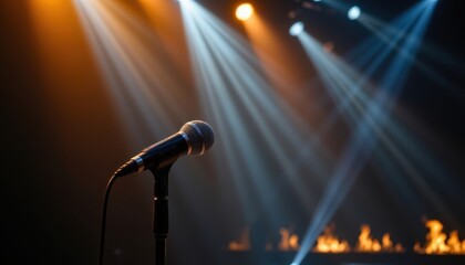 Obraz premium A sleek microphone emerging from the shadows of a dark stage illuminated by beams of light and flickering flames.